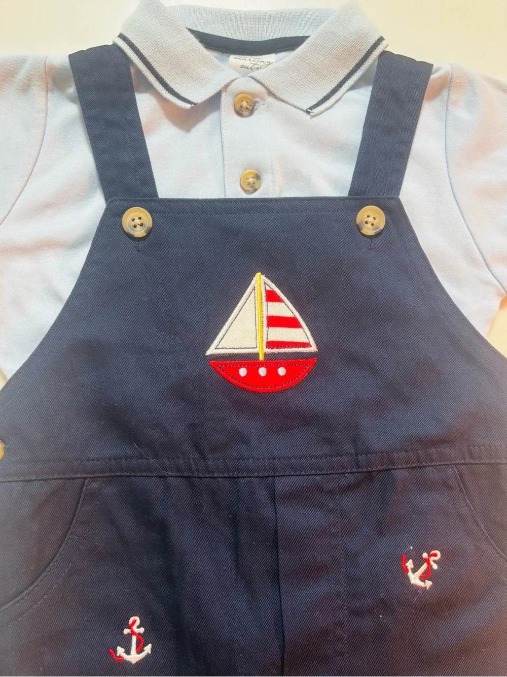 NEW Nautical Navy Anchor Embroidered Shortall with Light Blue Polo -